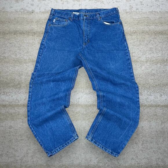 Vintage Carhartt Jeans Relaxed Fit Medium Wash Work Wear Denim Leather Logo 90s - Picture 2 of 4